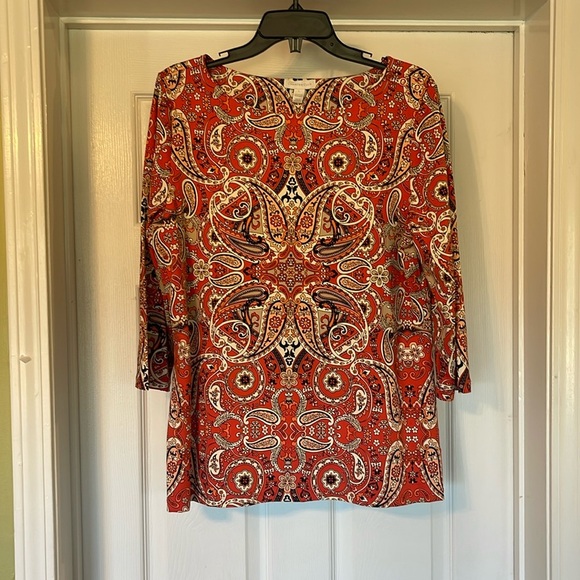 Charter Club - festive patterned top - corals, black & white - size L - Picture 1 of 6